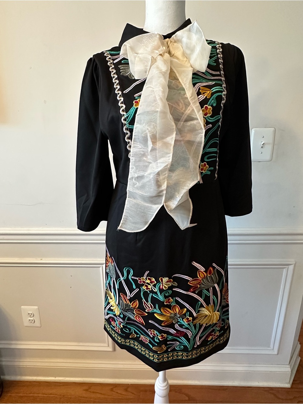 Black Embroidered Mini Dress with Cream Organza Bow